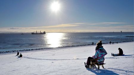 Kinder fahren Schlitten am schneebedeckten Elbdeich in Brunsbüttel